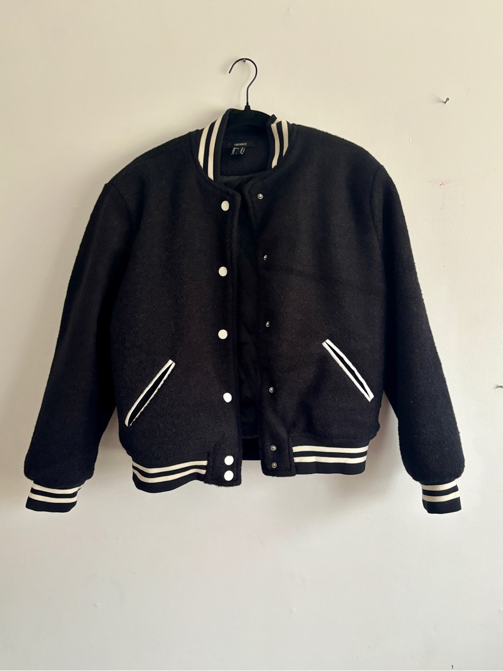 Forever 21 Classic Black Varsity Jacket with White Trim - Womens